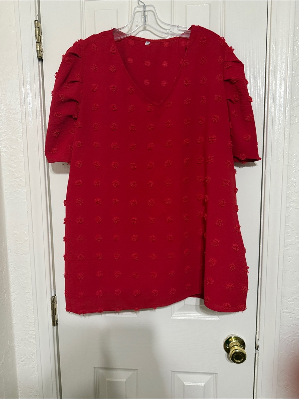 Red Textured V-Neck Short Sleeve Top